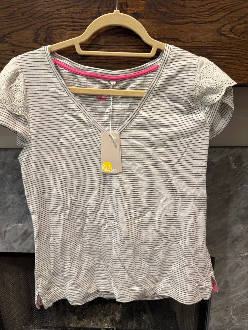 Boden Gray & White Striped V-Neck Top with Eyelet Sleeves and Pink Trim